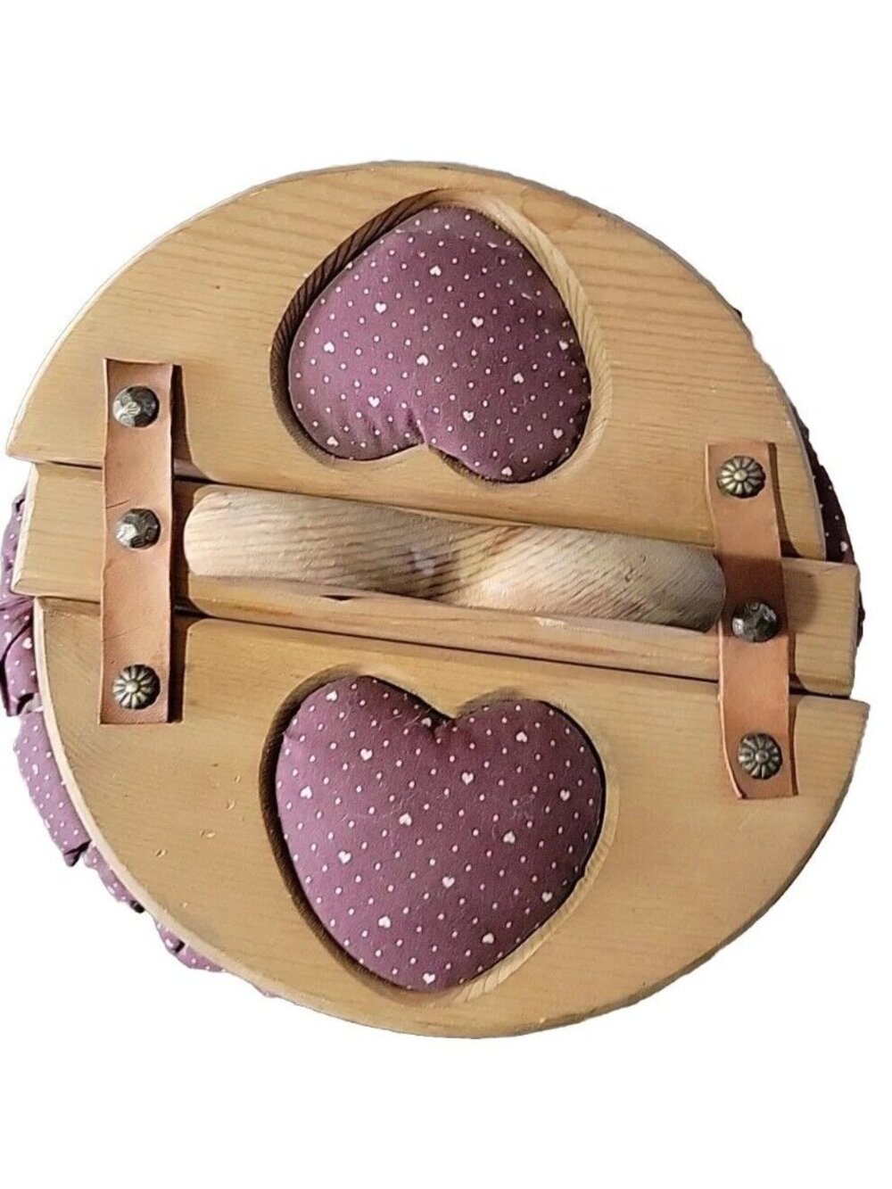 Vtg Bushel Sewing Basket Wooden Flip Top Heart Wood Handle Fabric 31" Diam Prim